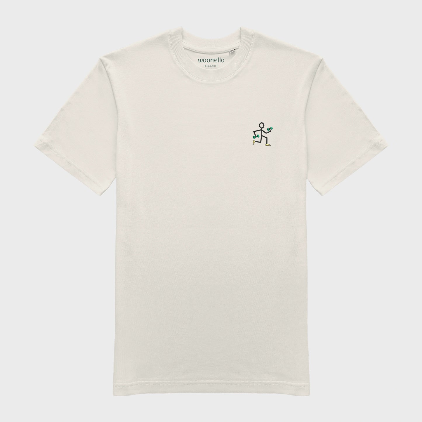 Unisex off white T-shirt with embroidered chest design, simple line drawing of a running stick figure holding dumbbells