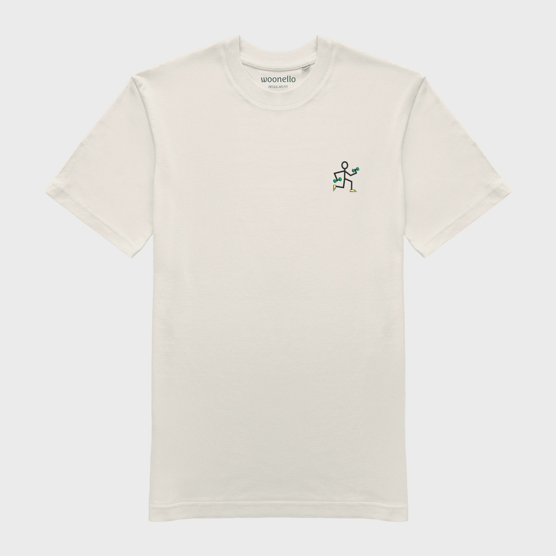 Unisex off white T-shirt with embroidered chest design, simple line drawing of a running stick figure holding dumbbells