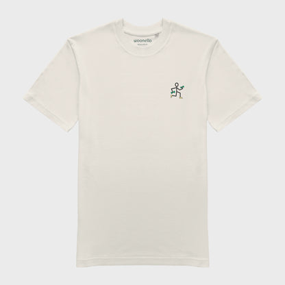Unisex off white T-shirt with embroidered chest design, simple line drawing of a running stick figure holding dumbbells