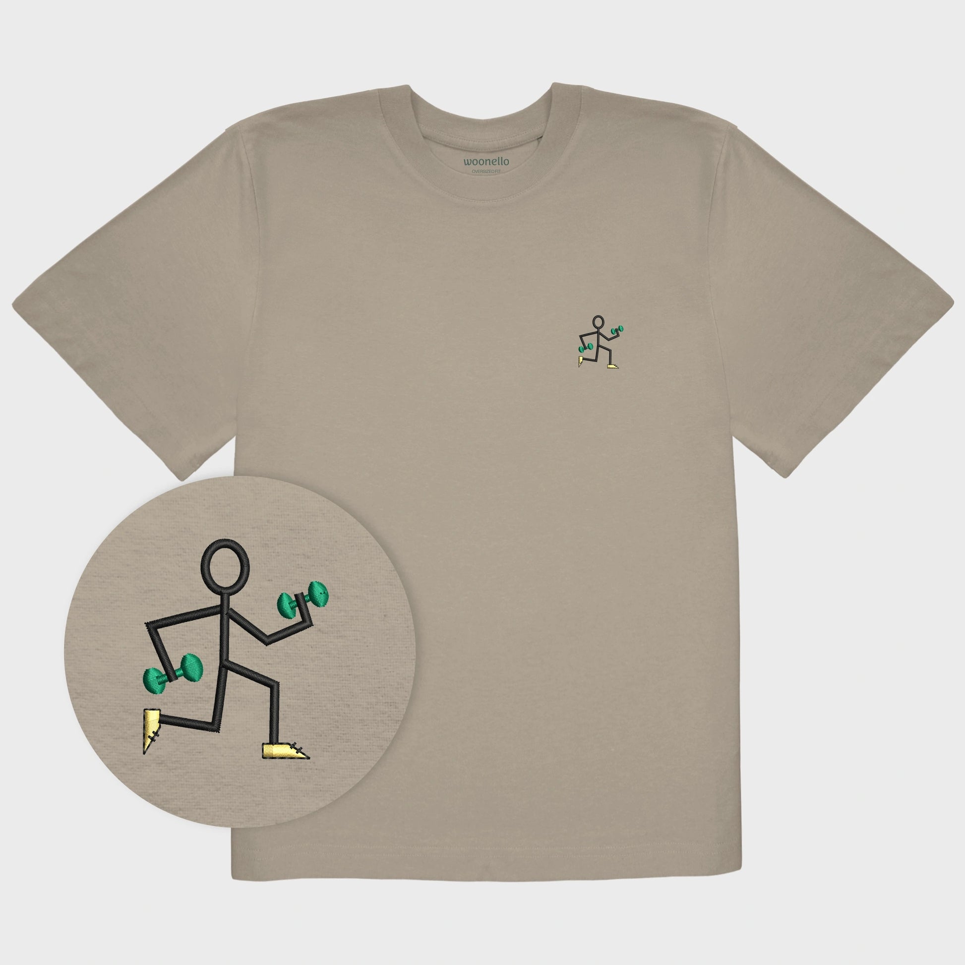 Unisex-T-Shirt Oversize mastic mit bestickter Brustpartie, Fokus auf Design, einfache Strichzeichnung einer rennenden Strichmännchenfigur mit Hanteln