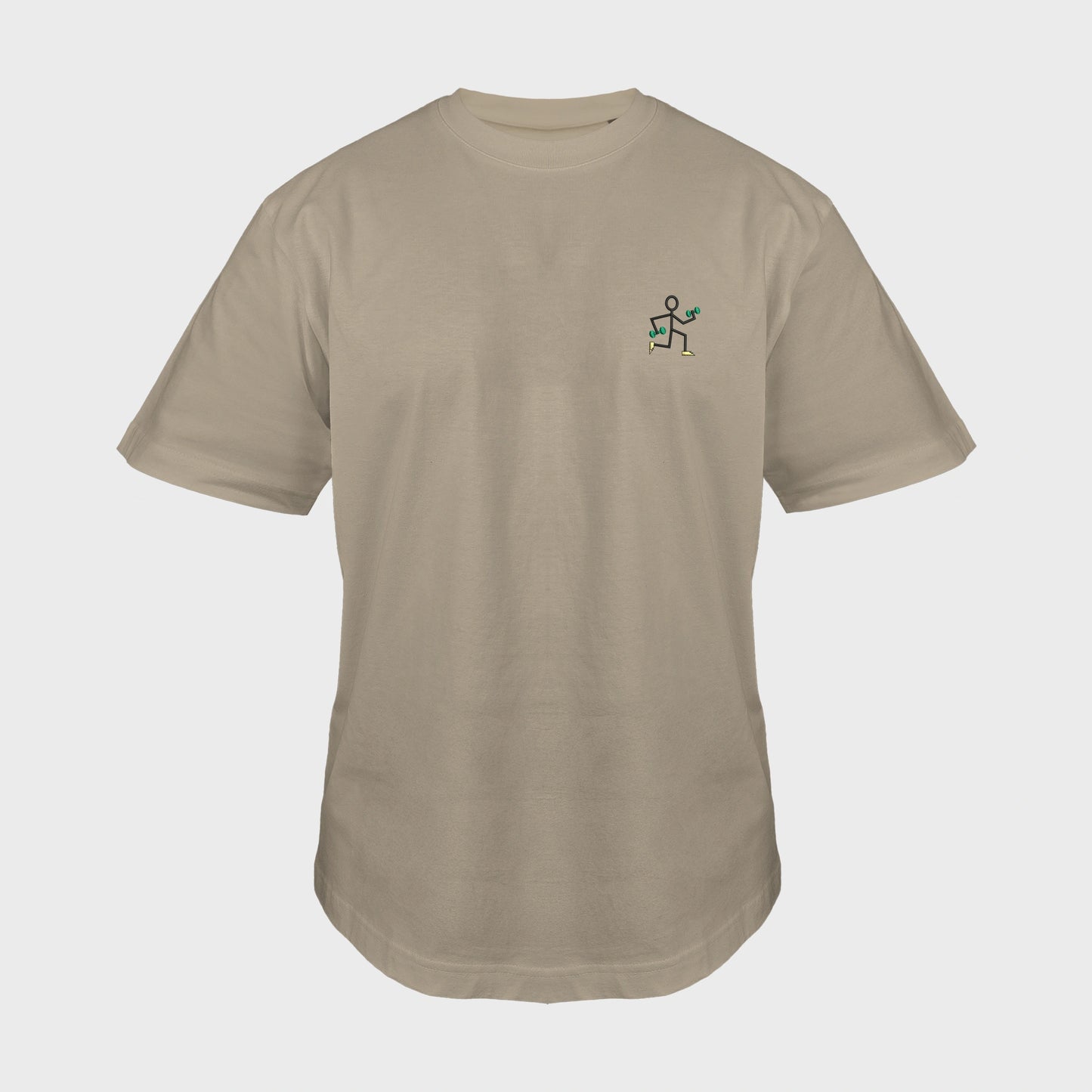 Unisex-T-Shirt Oversize mastic mit bestickter Brustpartie, einfache Strichzeichnung einer rennenden Strichmännchenfigur mit Hanteln, vorderansicht mann