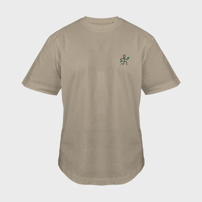 Unisex-T-Shirt Oversize mastic mit bestickter Brustpartie, einfache Strichzeichnung einer rennenden Strichmännchenfigur mit Hanteln, vorderansicht mann