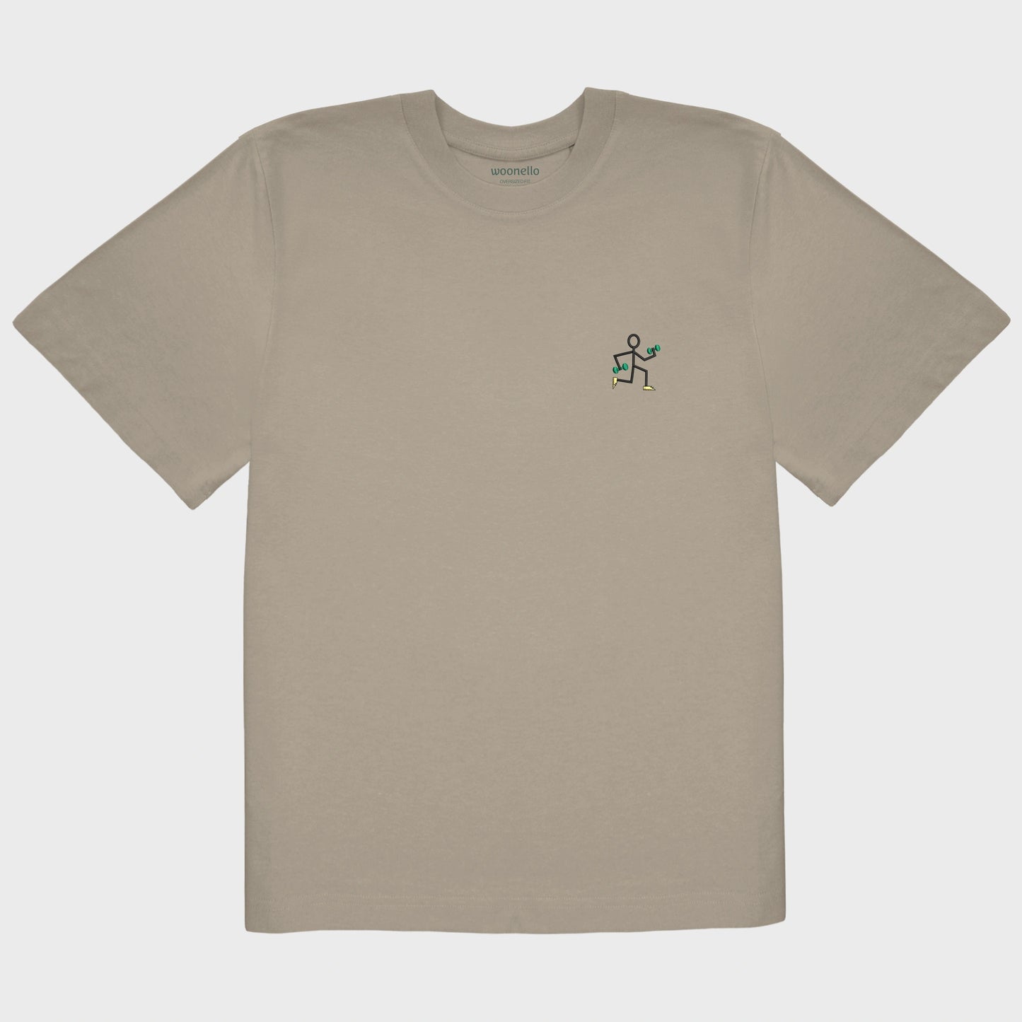 Unisex-T-Shirt Oversize mastic mit bestickter Brustpartie, einfache Strichzeichnung einer rennenden Strichmännchenfigur mit Hanteln