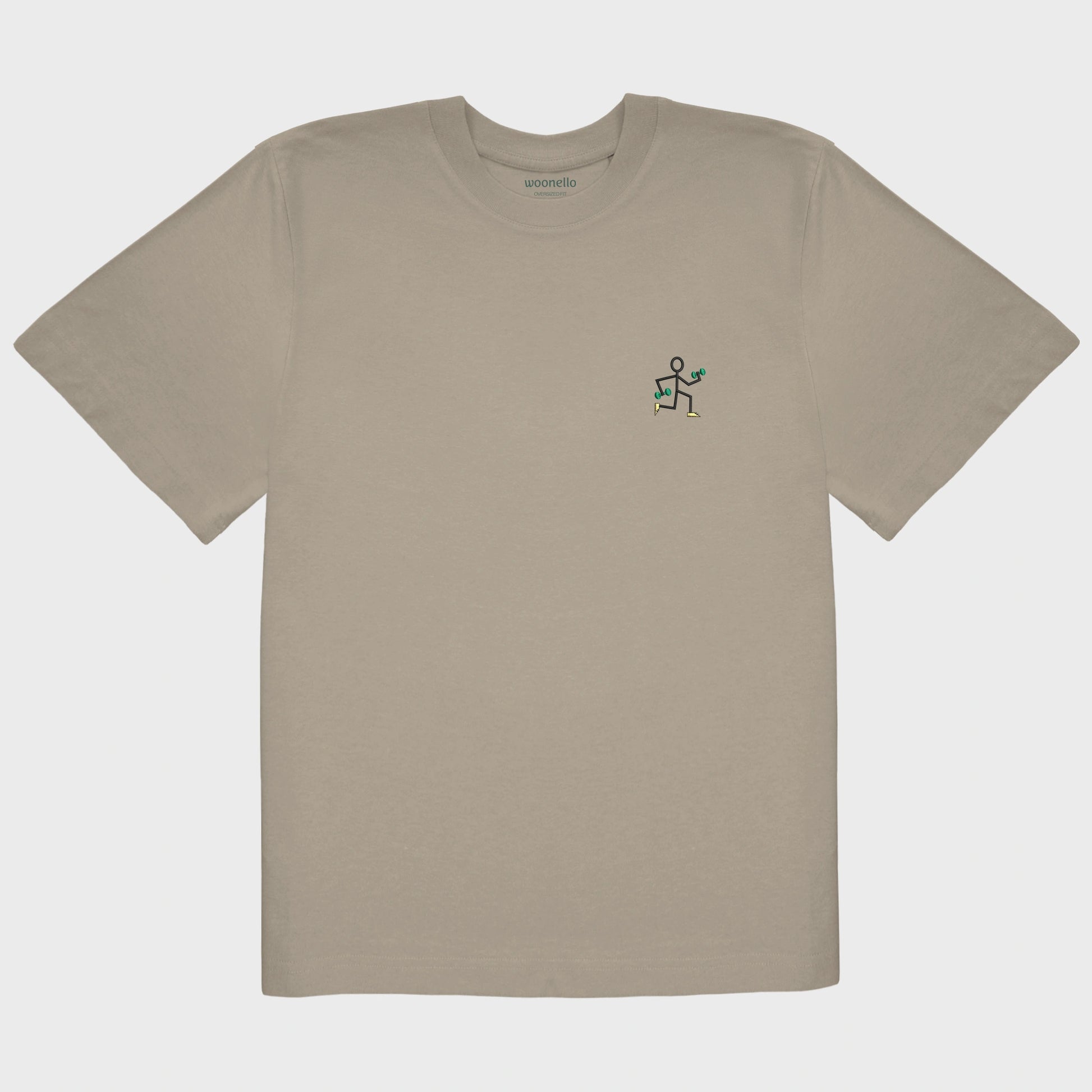 Unisex-T-Shirt Oversize mastic mit bestickter Brustpartie, einfache Strichzeichnung einer rennenden Strichmännchenfigur mit Hanteln
