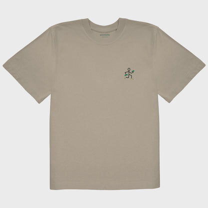 Unisex-T-Shirt Oversize mastic mit bestickter Brustpartie, einfache Strichzeichnung einer rennenden Strichmännchenfigur mit Hanteln