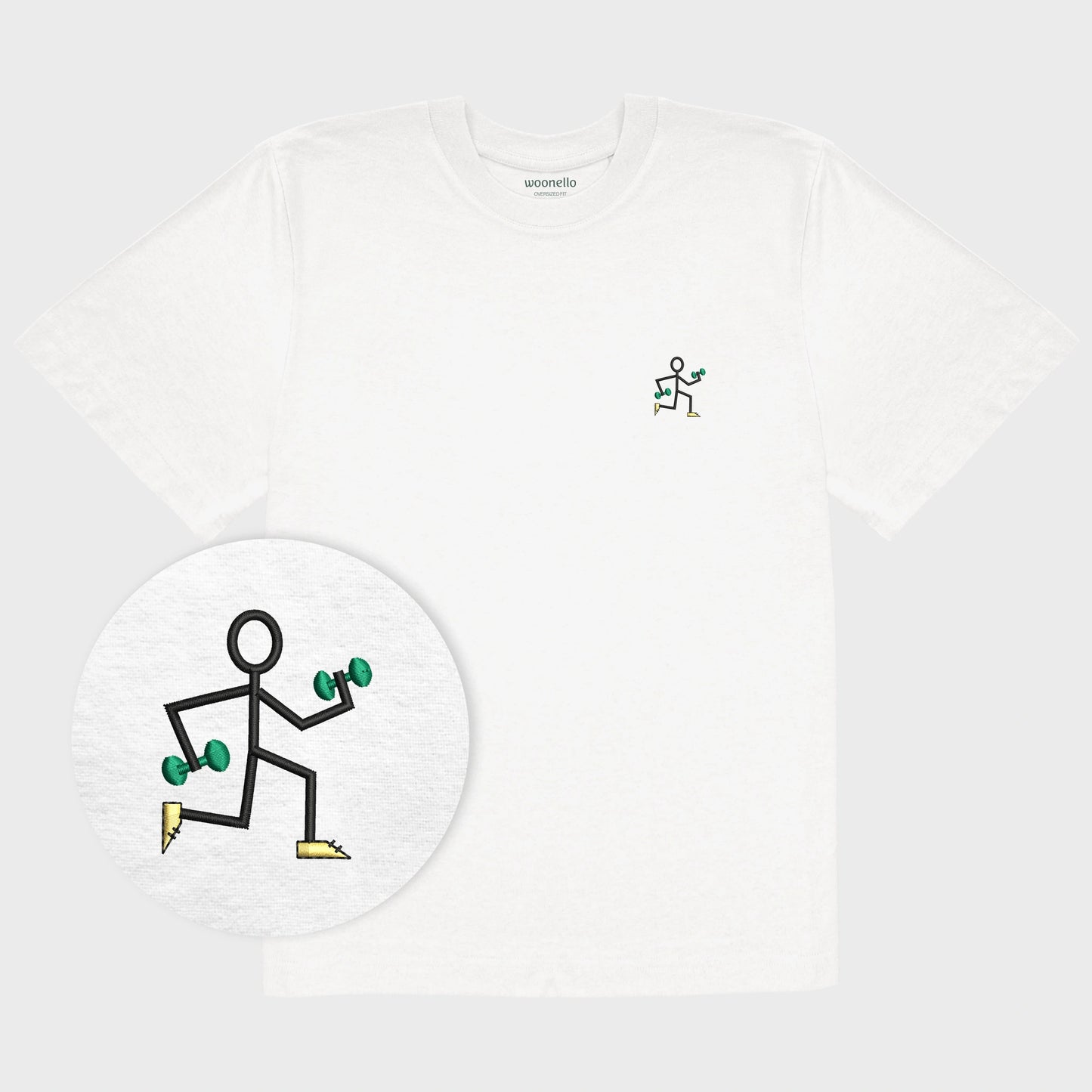 Unisex-T-Shirt Oversize weiß mit bestickter Brustpartie, Fokus auf Design, einfache Strichzeichnung einer rennenden Strichmännchenfigur mit Hanteln