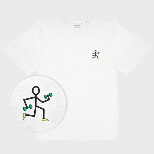 Unisex oversize white T-shirt with embroidered chest design, focus on design, simple line drawing of a running stick figure holding dumbbells