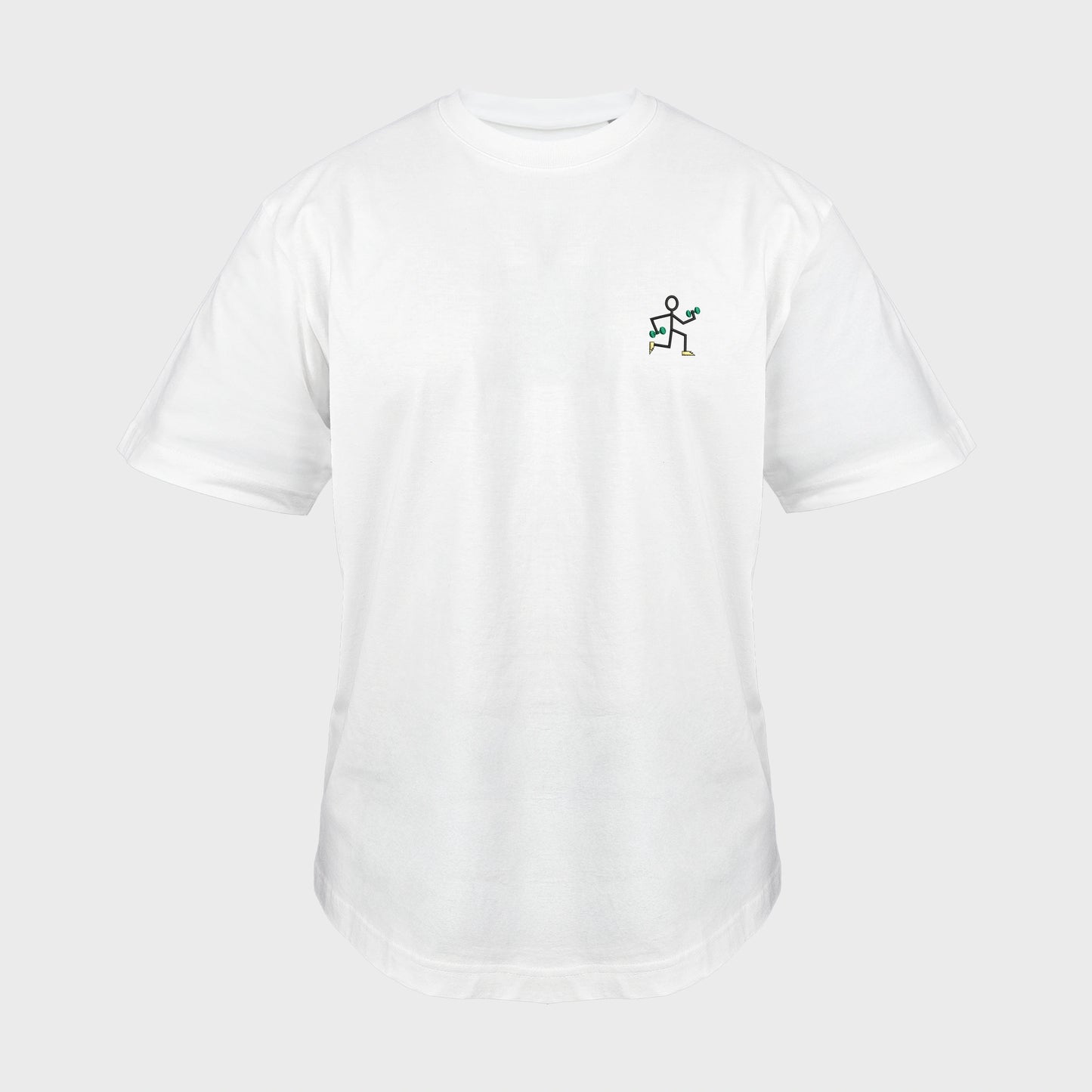 Unisex-T-Shirt Oversize weiß mit bestickter Brustpartie, einfache Strichzeichnung einer rennenden Strichmännchenfigur mit Hanteln, vorderansicht mann