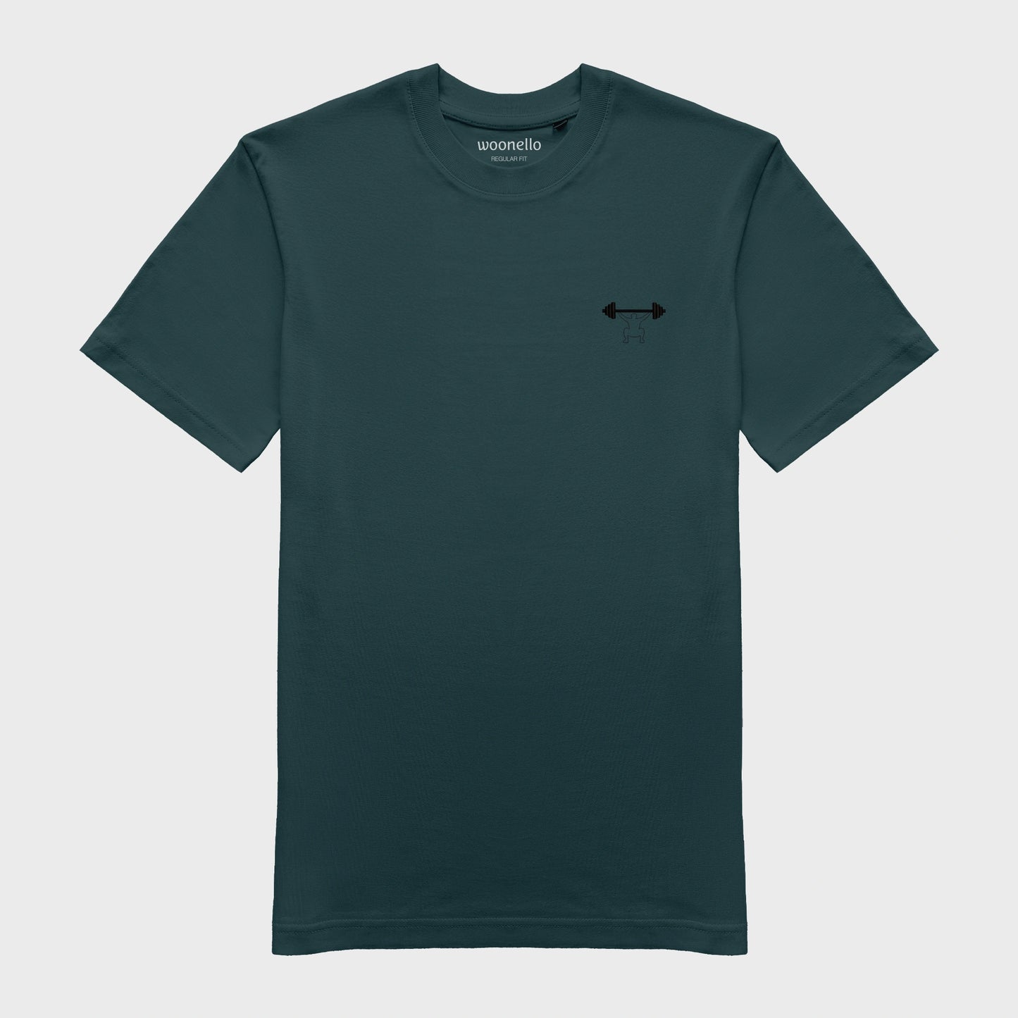 Unisex-T-Shirt petrol mit bestickter Brustpartie, minimalistische Umrisszeichnung einer Person in Kniebeuge mit Langhantel