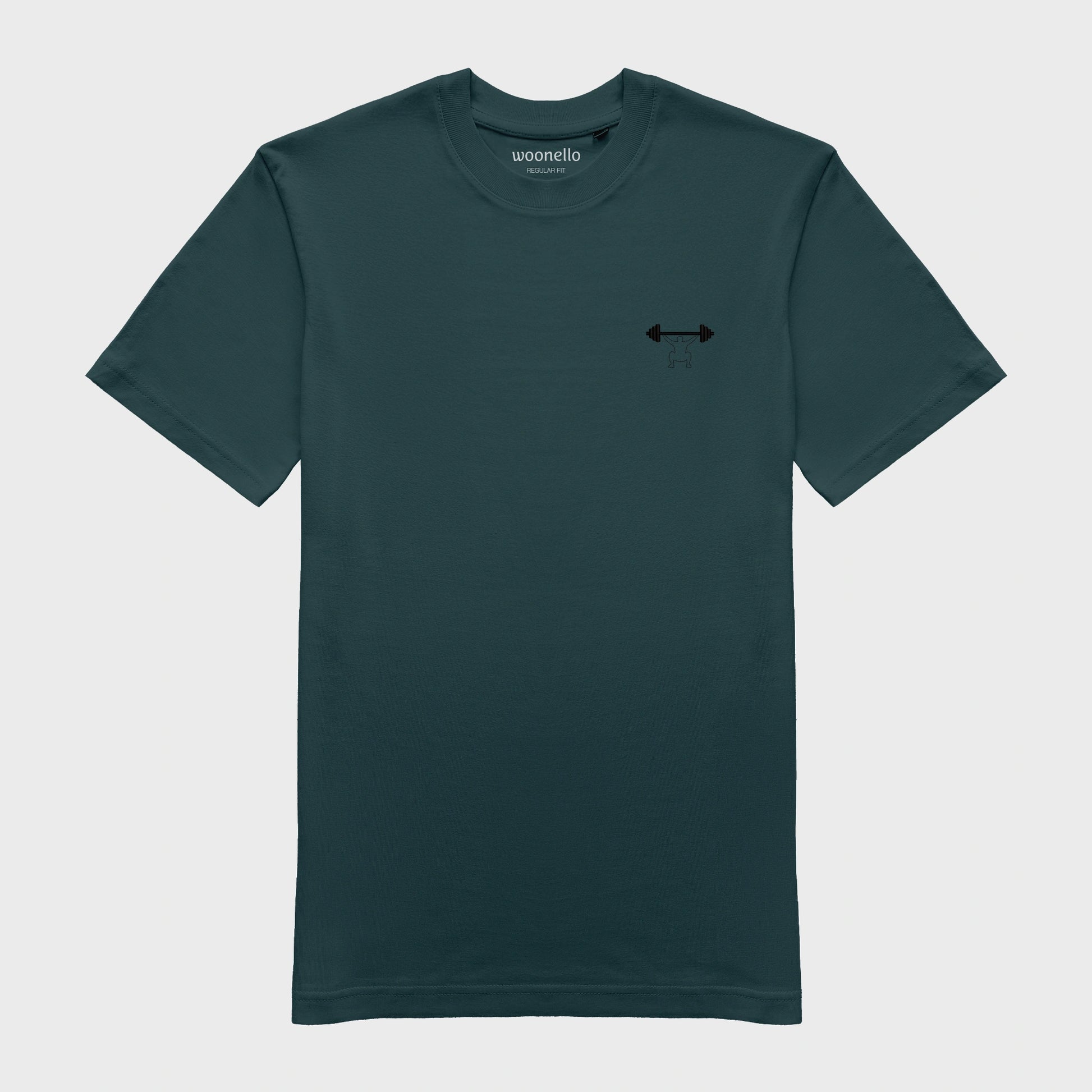 Unisex-T-Shirt petrol mit bestickter Brustpartie, minimalistische Umrisszeichnung einer Person in Kniebeuge mit Langhantel