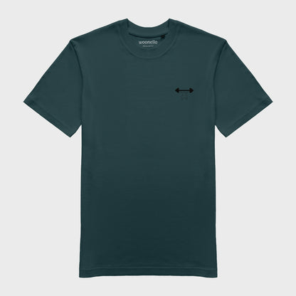 Unisex-T-Shirt petrol mit bestickter Brustpartie, minimalistische Umrisszeichnung einer Person in Kniebeuge mit Langhantel