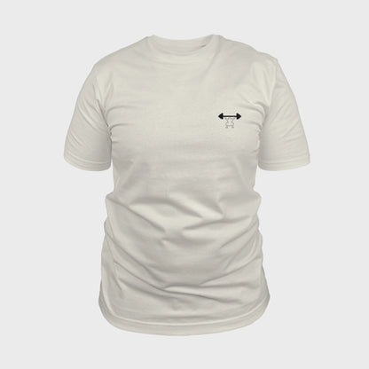 Unisex-T-Shirt cremeweiß mit bestickter Brustpartie, minimalistische Umrisszeichnung einer Person in Kniebeuge mit Langhantel, vorderansicht mann