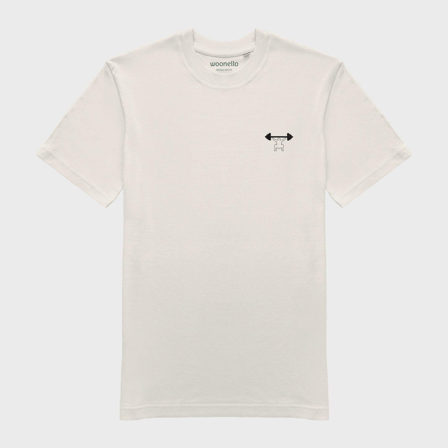 Unisex-T-Shirt cremeweiß mit bestickter Brustpartie, minimalistische Umrisszeichnung einer Person in Kniebeuge mit Langhantel