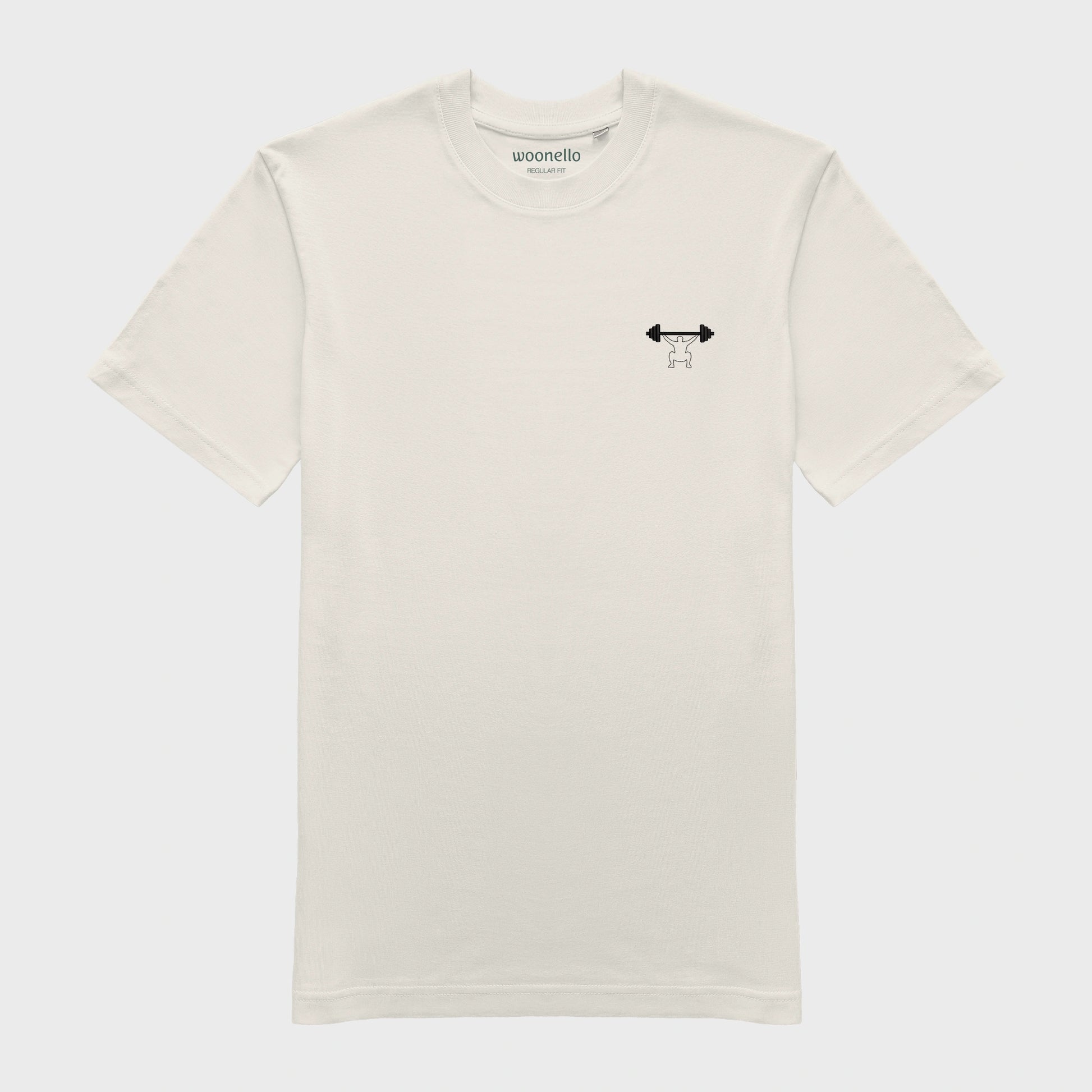Unisex-T-Shirt cremeweiß mit bestickter Brustpartie, minimalistische Umrisszeichnung einer Person in Kniebeuge mit Langhantel