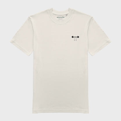 Unisex-T-Shirt cremeweiß mit bestickter Brustpartie, minimalistische Umrisszeichnung einer Person in Kniebeuge mit Langhantel