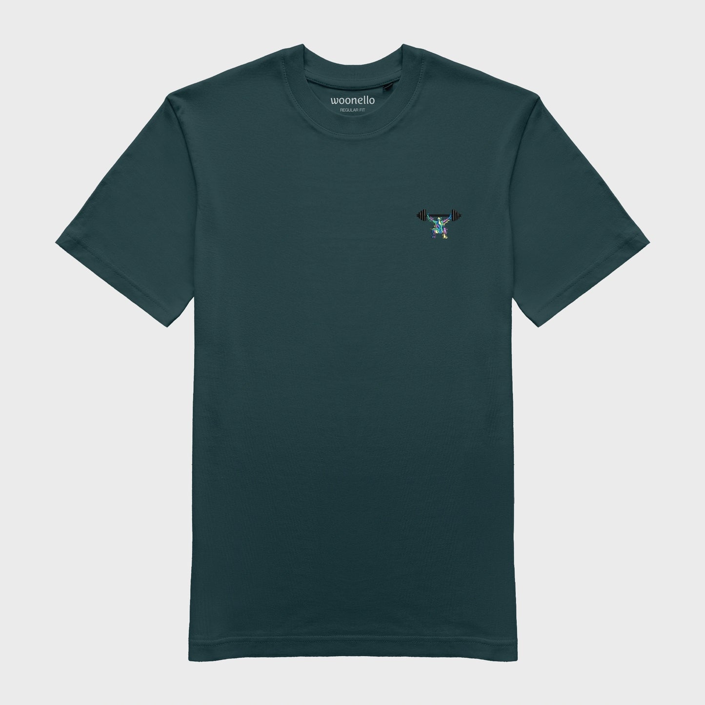 Unisex-T-Shirt petrol mit bestickter Brustpartie, minimalistische Umrisszeichnung einer Person in Kniebeuge mit Langhantel, mehrfarbiger Hintergrund