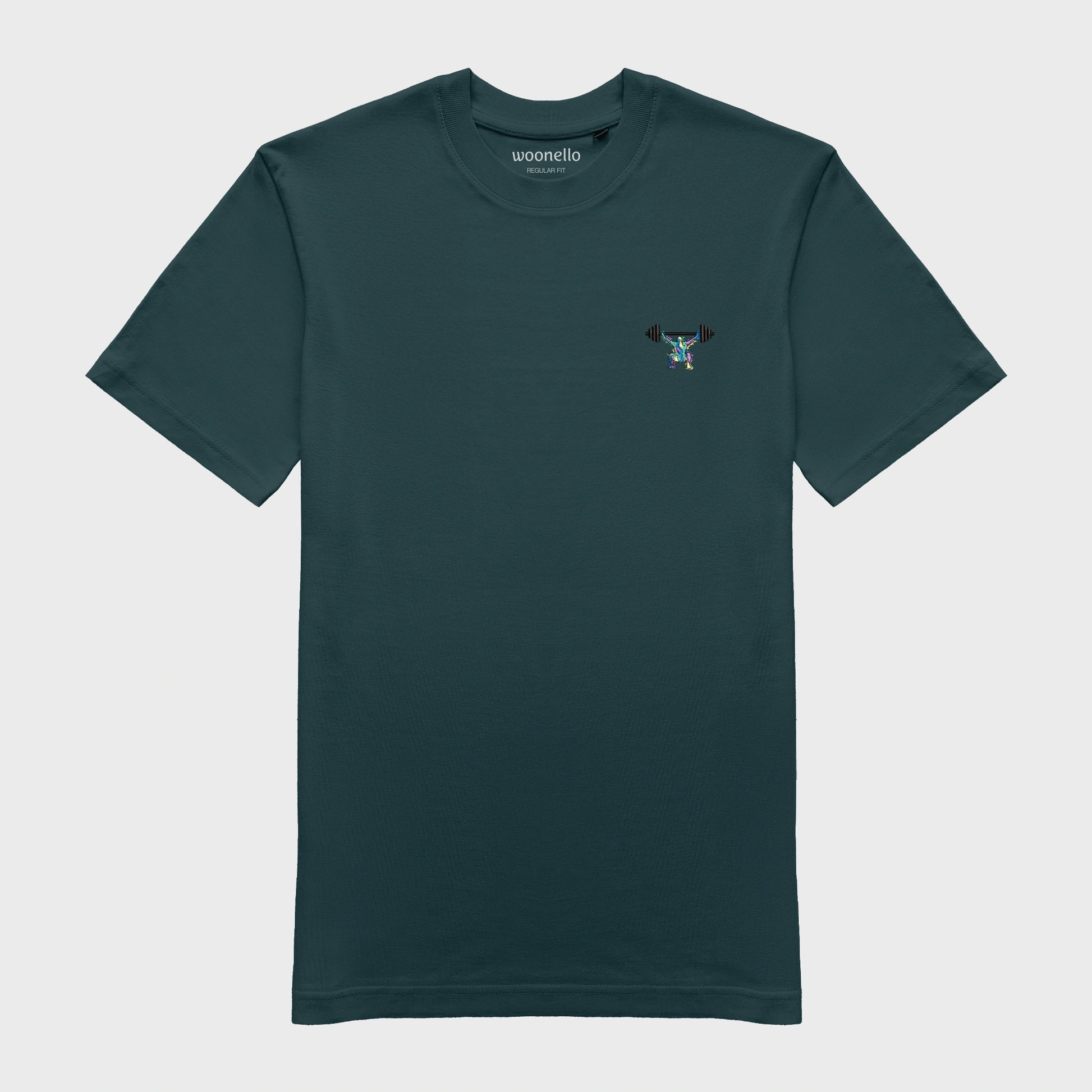 Unisex-T-Shirt petrol mit bestickter Brustpartie, minimalistische Umrisszeichnung einer Person in Kniebeuge mit Langhantel, mehrfarbiger Hintergrund