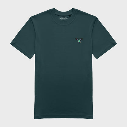 Unisex-T-Shirt petrol mit bestickter Brustpartie, minimalistische Umrisszeichnung einer Person in Kniebeuge mit Langhantel, mehrfarbiger Hintergrund