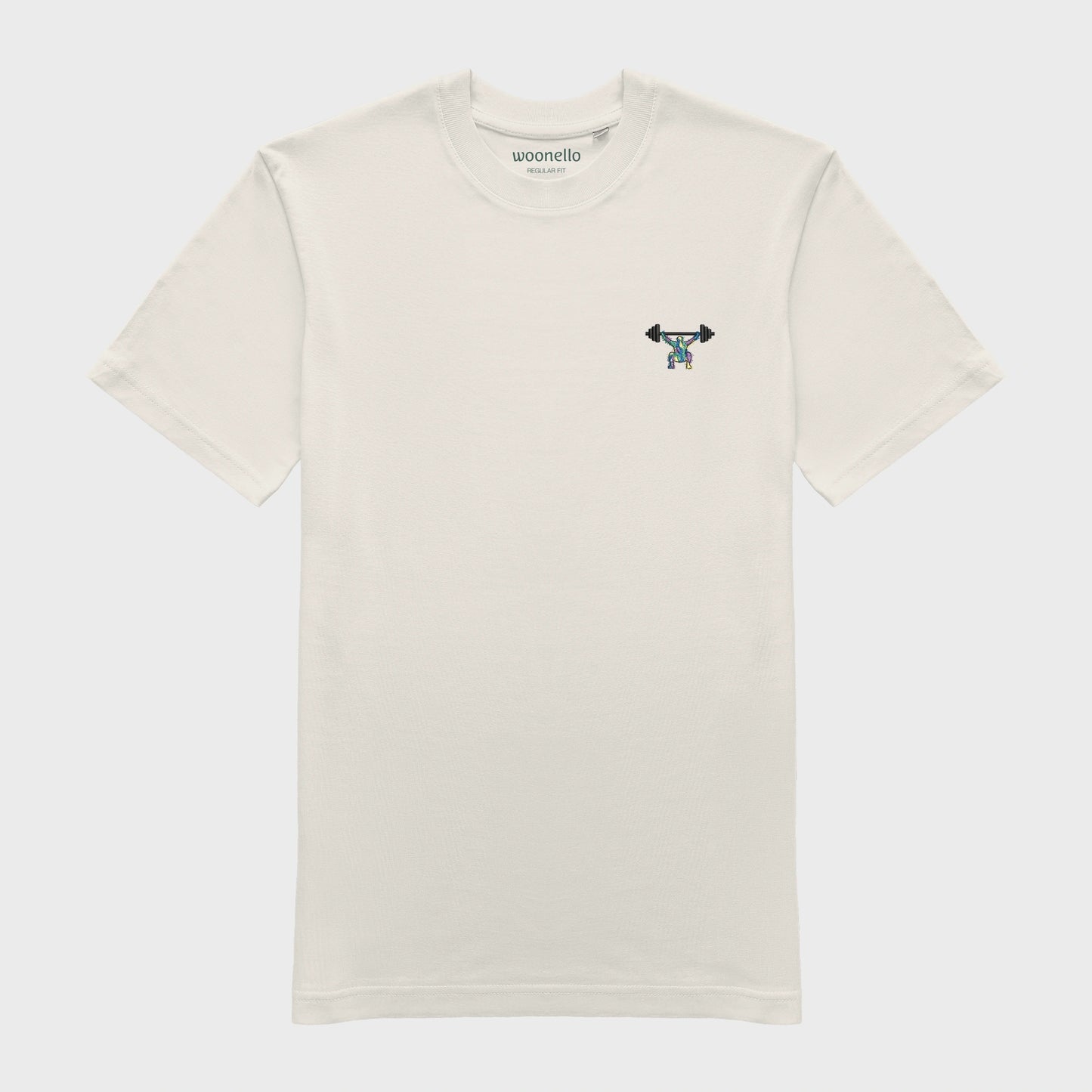 Unisex-T-Shirt cremeweiß mit bestickter Brustpartie, minimalistische Umrisszeichnung einer Person in Kniebeuge mit Langhantel, mehrfarbiger Hintergrund