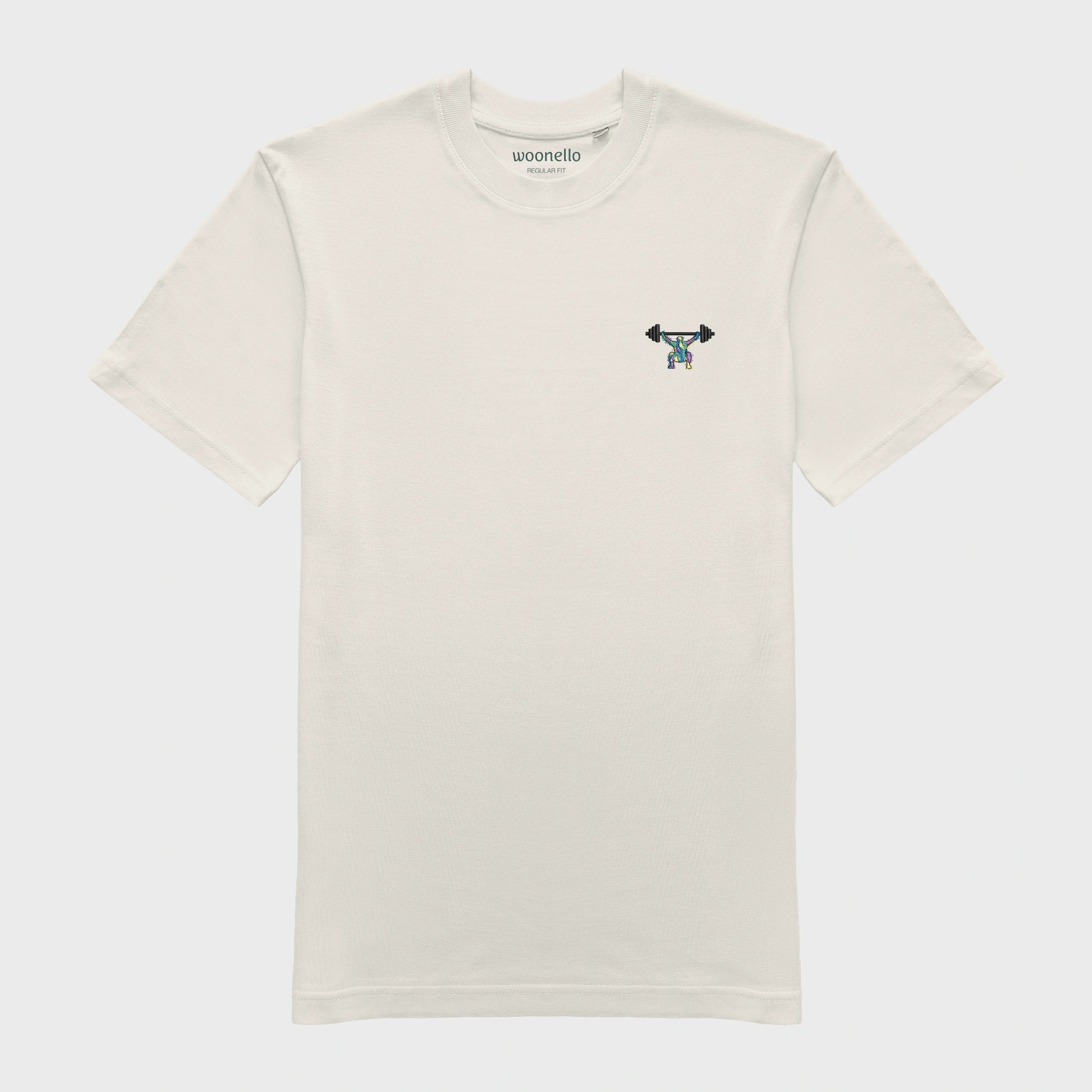 Unisex-T-Shirt cremeweiß mit bestickter Brustpartie, minimalistische Umrisszeichnung einer Person in Kniebeuge mit Langhantel, mehrfarbiger Hintergrund