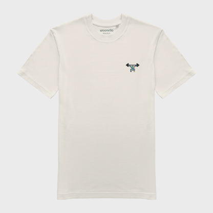 Unisex-T-Shirt cremeweiß mit bestickter Brustpartie, minimalistische Umrisszeichnung einer Person in Kniebeuge mit Langhantel, mehrfarbiger Hintergrund