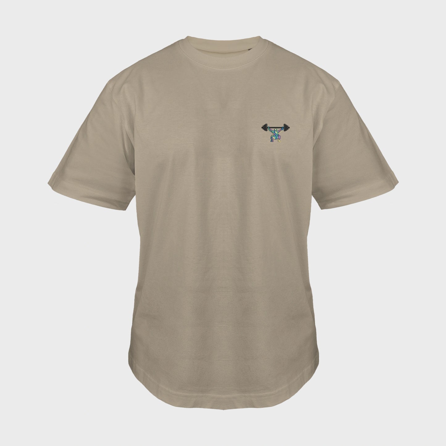 Unisex-T-Shirt Oversize mastic mit bestickter Brustpartie, minimalistische Umrisszeichnung einer Person in Kniebeuge mit Langhantel, mehrfarbiger Hintergrund, vorderansicht mann