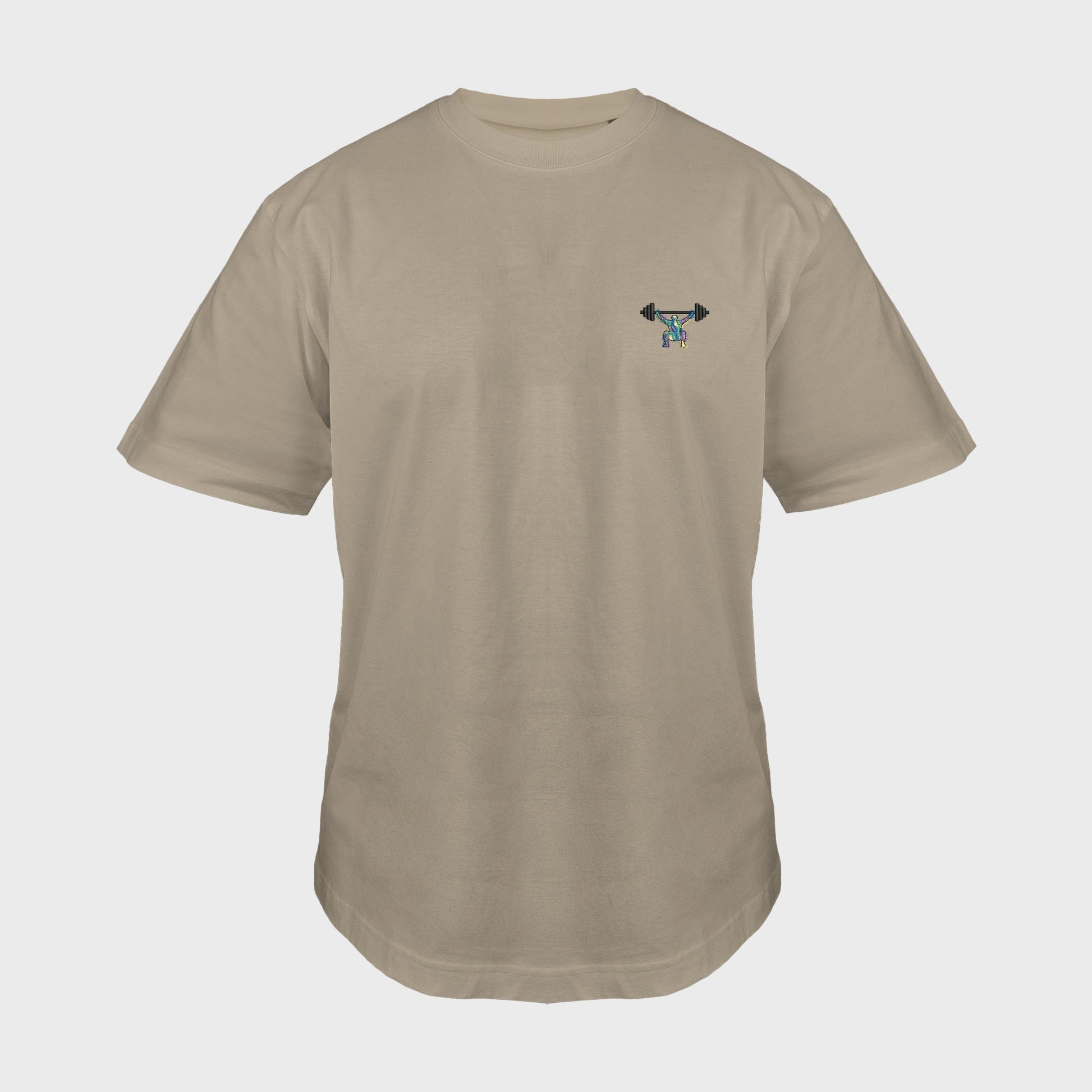 Unisex-T-Shirt Oversize mastic mit bestickter Brustpartie, minimalistische Umrisszeichnung einer Person in Kniebeuge mit Langhantel, mehrfarbiger Hintergrund, vorderansicht mann