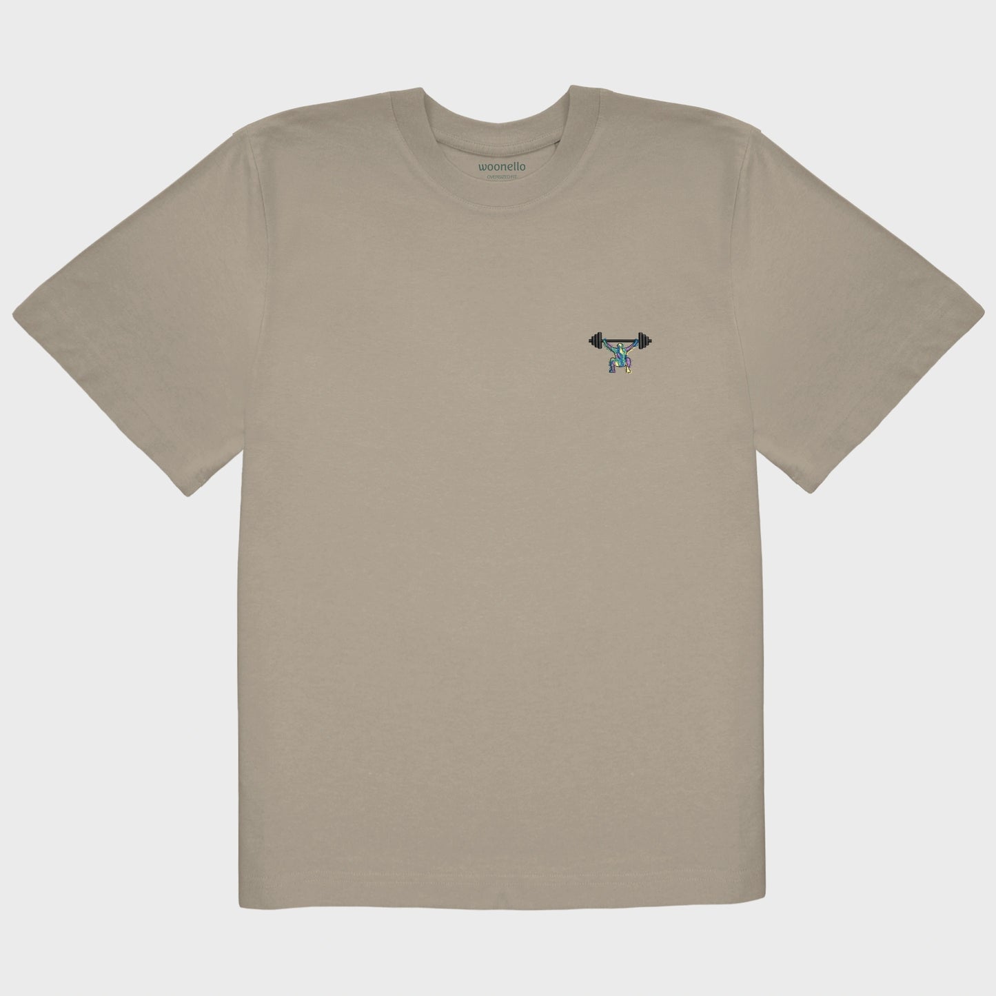 Unisex-T-Shirt Oversize mastic mit bestickter Brustpartie, minimalistische Umrisszeichnung einer Person in Kniebeuge mit Langhantel, mehrfarbiger Hintergrund