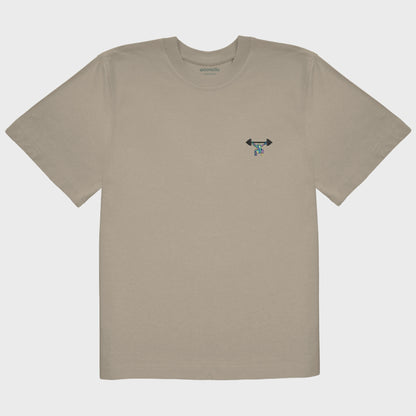 Unisex-T-Shirt Oversize mastic mit bestickter Brustpartie, minimalistische Umrisszeichnung einer Person in Kniebeuge mit Langhantel, mehrfarbiger Hintergrund
