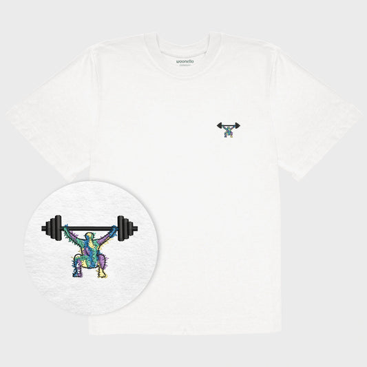 Unisex oversize white T-shirt with embroidered chest design, focus on design, minimalist line drawing of a person squatting with a barbell, multicolored background