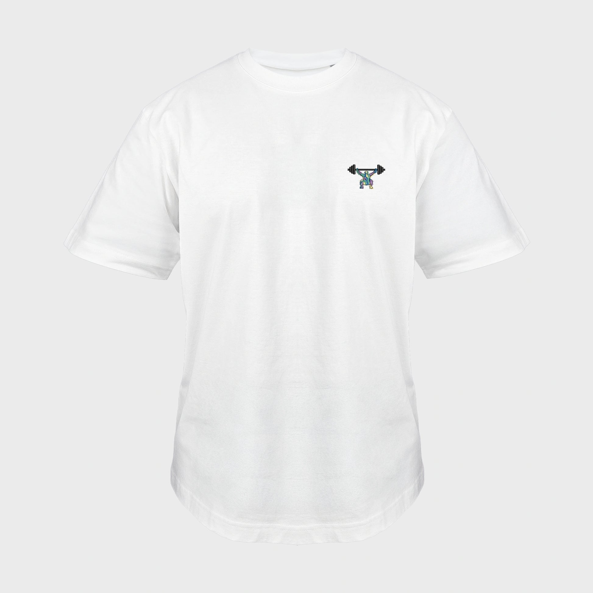 Unisex-T-Shirt Oversize weiß mit bestickter Brustpartie, minimalistische Umrisszeichnung einer Person in Kniebeuge mit Langhantel, mehrfarbiger Hintergrund, vorderansicht mann