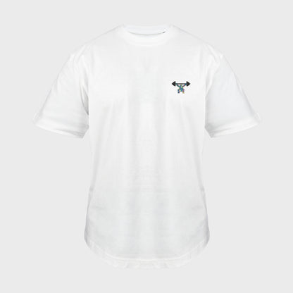 Unisex-T-Shirt Oversize weiß mit bestickter Brustpartie, minimalistische Umrisszeichnung einer Person in Kniebeuge mit Langhantel, mehrfarbiger Hintergrund, vorderansicht mann