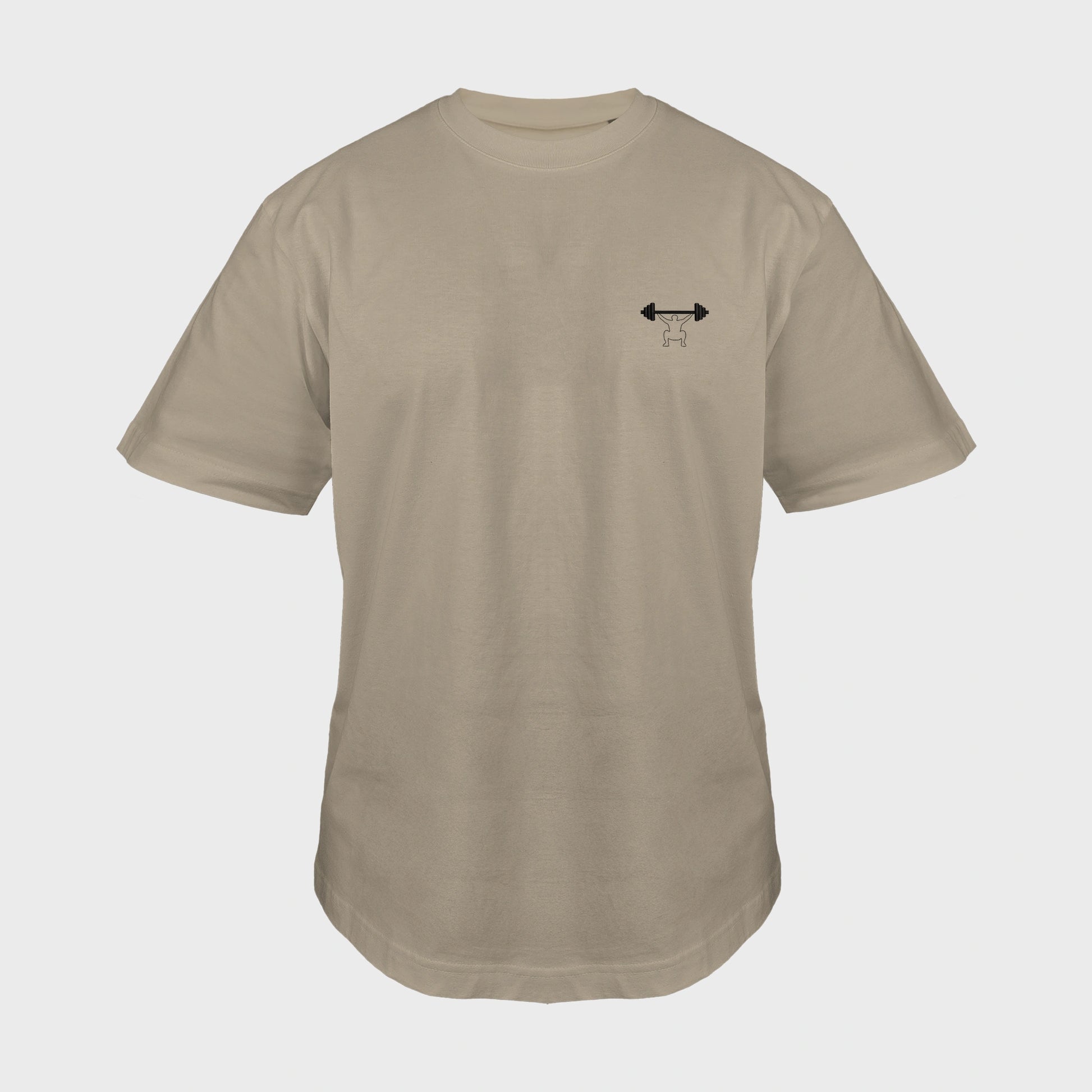 Unisex-T-Shirt Oversize mastic mit bestickter Brustpartie, minimalistische Umrisszeichnung einer Person in Kniebeuge mit Langhantel, vorderansicht mann