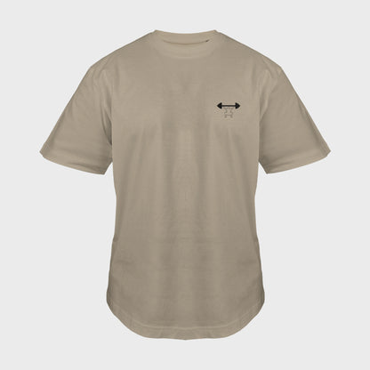 Unisex-T-Shirt Oversize mastic mit bestickter Brustpartie, minimalistische Umrisszeichnung einer Person in Kniebeuge mit Langhantel, vorderansicht mann