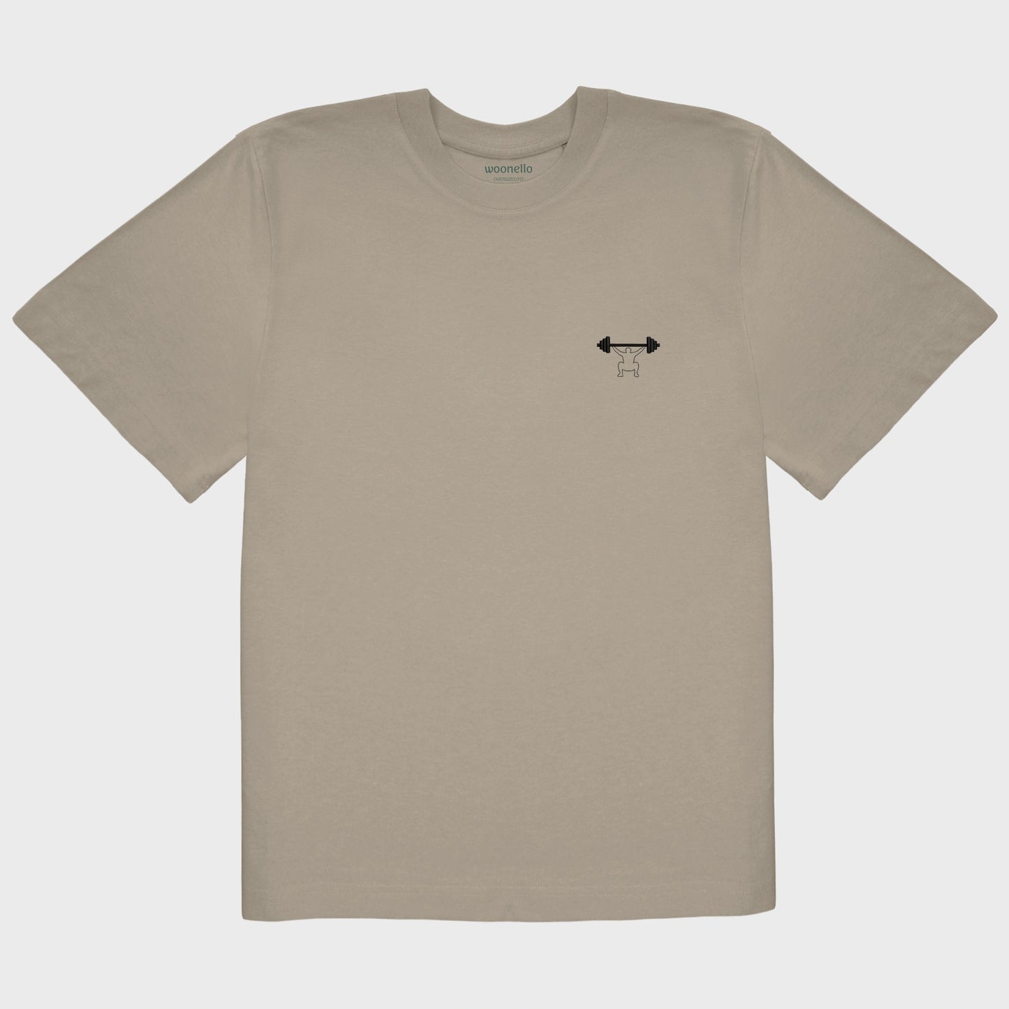 Unisex-T-Shirt Oversize mastic mit bestickter Brustpartie, minimalistische Umrisszeichnung einer Person in Kniebeuge mit Langhantel
