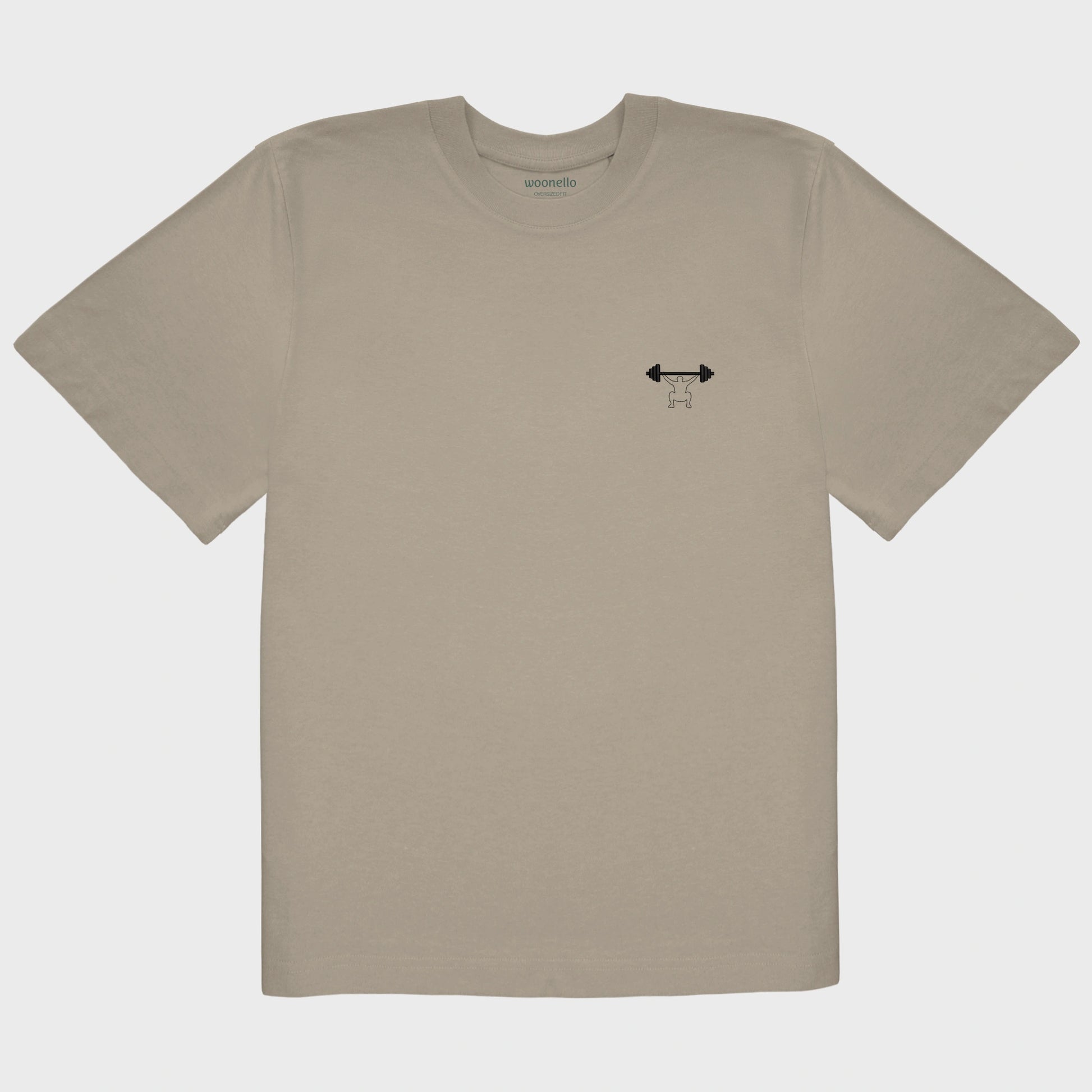 Unisex-T-Shirt Oversize mastic mit bestickter Brustpartie, minimalistische Umrisszeichnung einer Person in Kniebeuge mit Langhantel