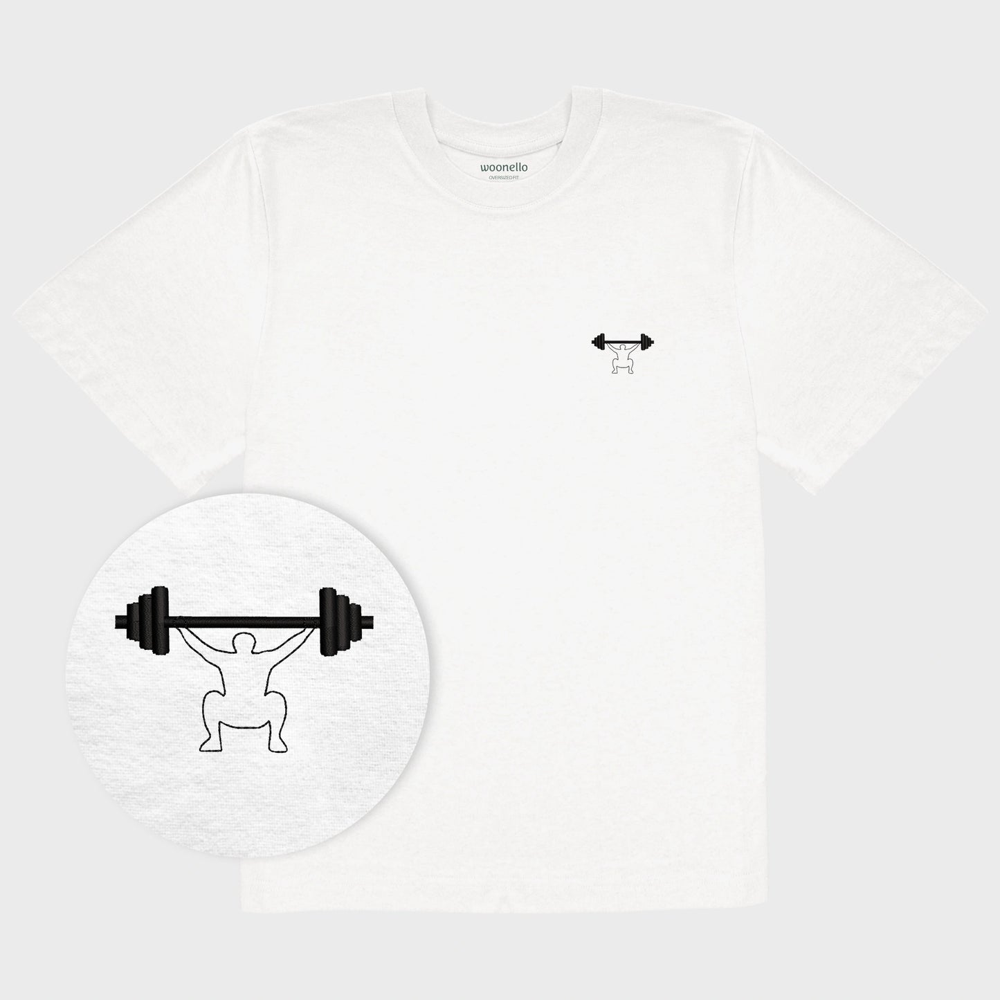 Unisex-T-Shirt Oversize weiß mit bestickter Brustpartie, Fokus auf Design, minimalistische Umrisszeichnung einer Person in Kniebeuge mit Langhantel
