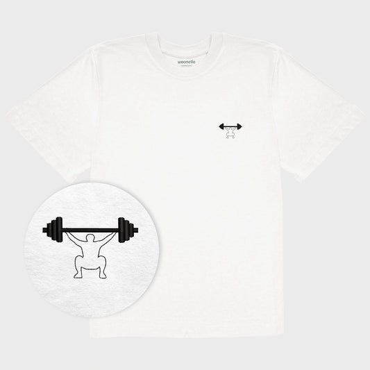 Unisex oversize white T-shirt with embroidered chest design, focus on design, minimalist line drawing of a person squatting with a barbell