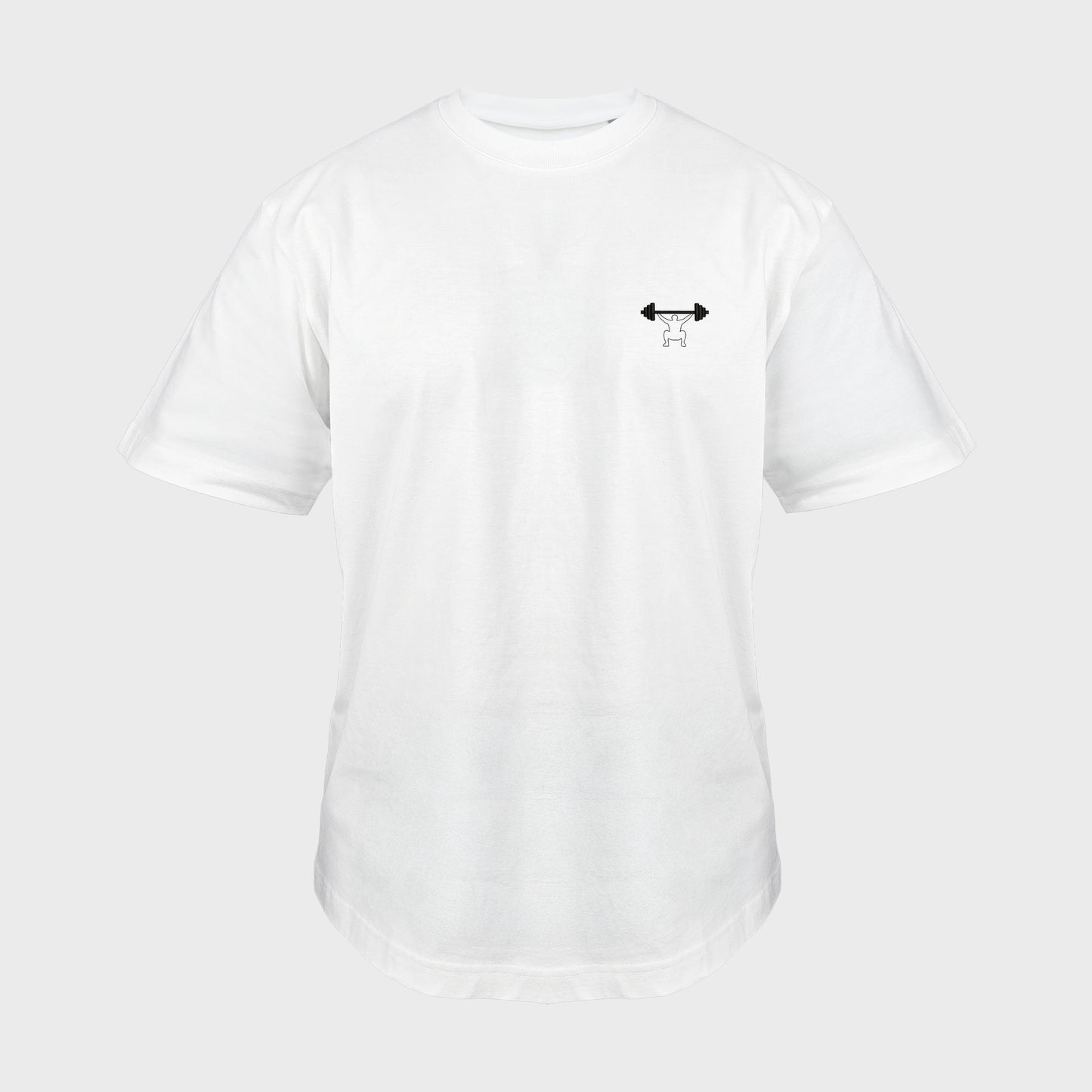Unisex-T-Shirt Oversize weiß mit bestickter Brustpartie, minimalistische Umrisszeichnung einer Person in Kniebeuge mit Langhantel, vorderansicht mann