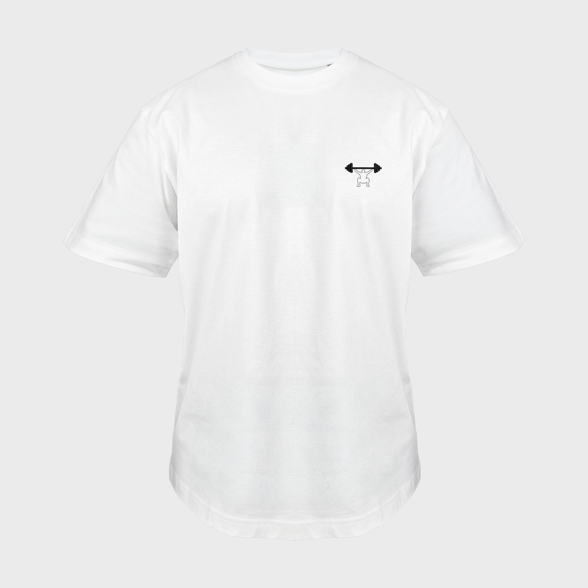 Unisex-T-Shirt Oversize weiß mit bestickter Brustpartie, minimalistische Umrisszeichnung einer Person in Kniebeuge mit Langhantel, vorderansicht mann