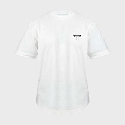 Unisex-T-Shirt Oversize weiß mit bestickter Brustpartie, minimalistische Umrisszeichnung einer Person in Kniebeuge mit Langhantel, vorderansicht mann