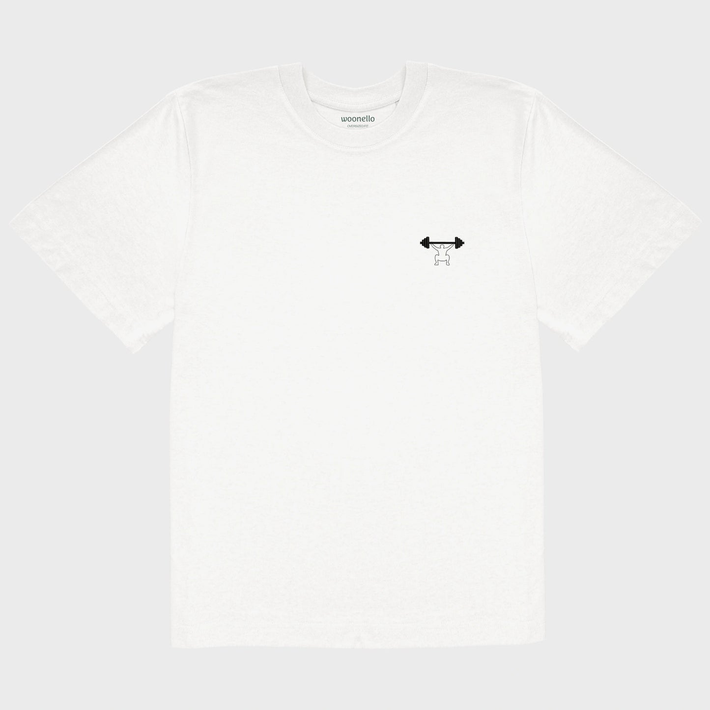 Unisex-T-Shirt Oversize weiß mit bestickter Brustpartie, minimalistische Umrisszeichnung einer Person in Kniebeuge mit Langhantel