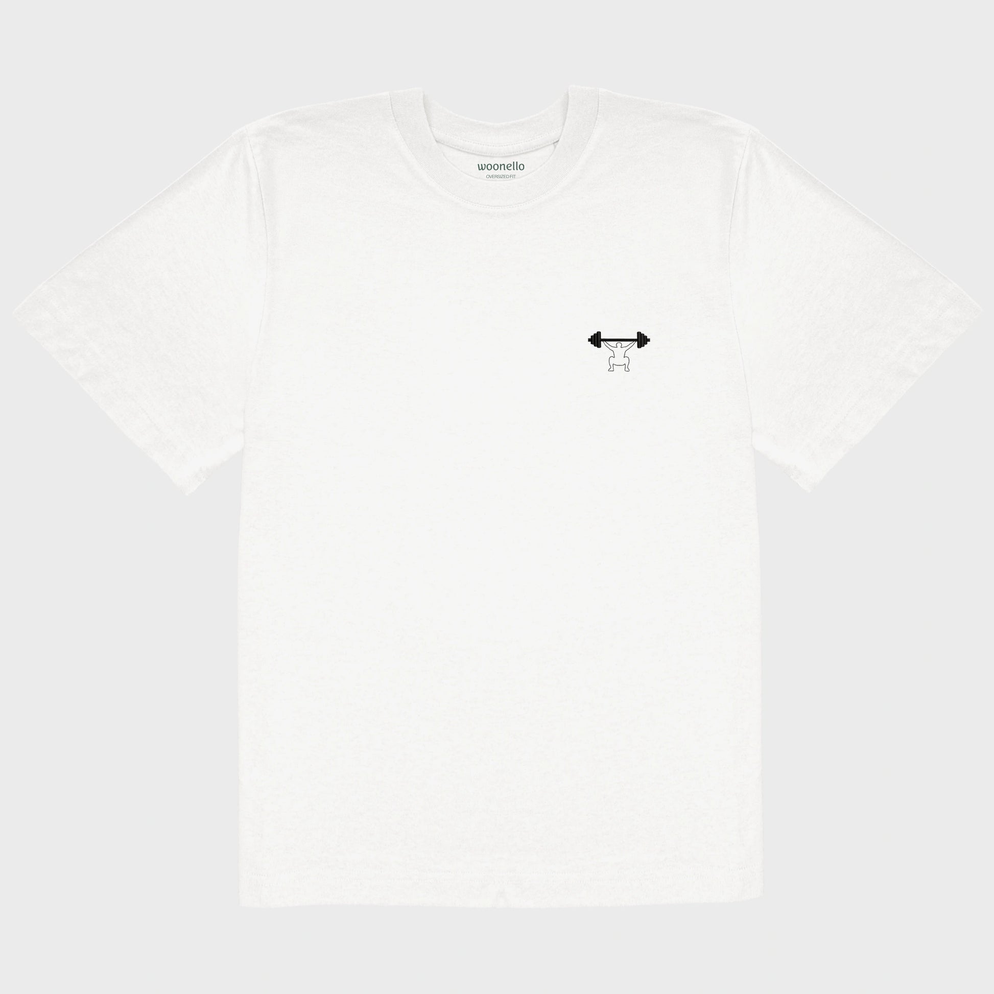 Unisex-T-Shirt Oversize weiß mit bestickter Brustpartie, minimalistische Umrisszeichnung einer Person in Kniebeuge mit Langhantel