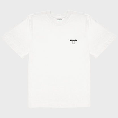Unisex-T-Shirt Oversize weiß mit bestickter Brustpartie, minimalistische Umrisszeichnung einer Person in Kniebeuge mit Langhantel