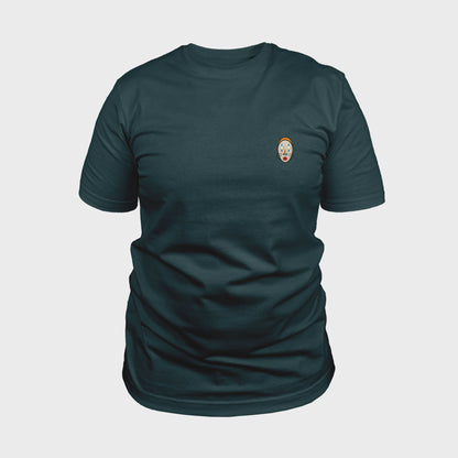 Unisex-T-Shirt petrol mit bestickter Brustpartie, abstraktes afrikanisches Maske mit halbmondförmigen Augen, vorderansicht mann