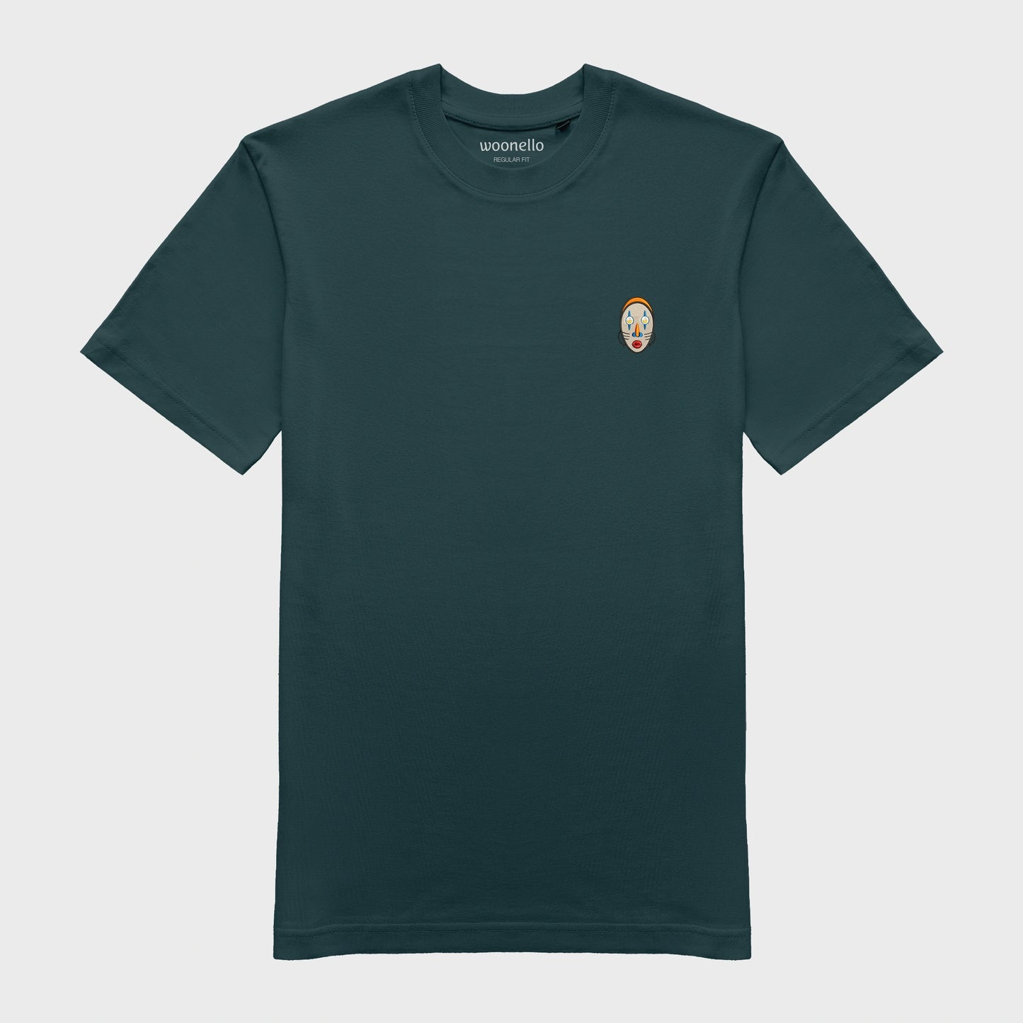 Unisex-T-Shirt petrol mit bestickter Brustpartie, abstraktes afrikanisches Maske mit halbmondförmigen Augen