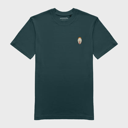 Unisex-T-Shirt petrol mit bestickter Brustpartie, abstraktes afrikanisches Maske mit halbmondförmigen Augen