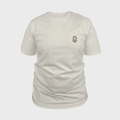Unisex-T-Shirt cremeweiß mit bestickter Brustpartie, abstraktes afrikanisches Maske mit halbmondförmigen Augen, vorderansicht mann