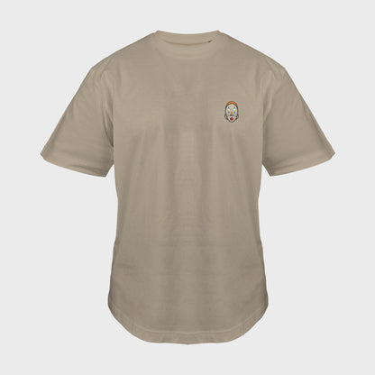 Unisex-T-Shirt Oversize mastic mit bestickter Brustpartie, abstraktes afrikanisches Maske mit halbmondförmigen Augen, vorderansicht mann