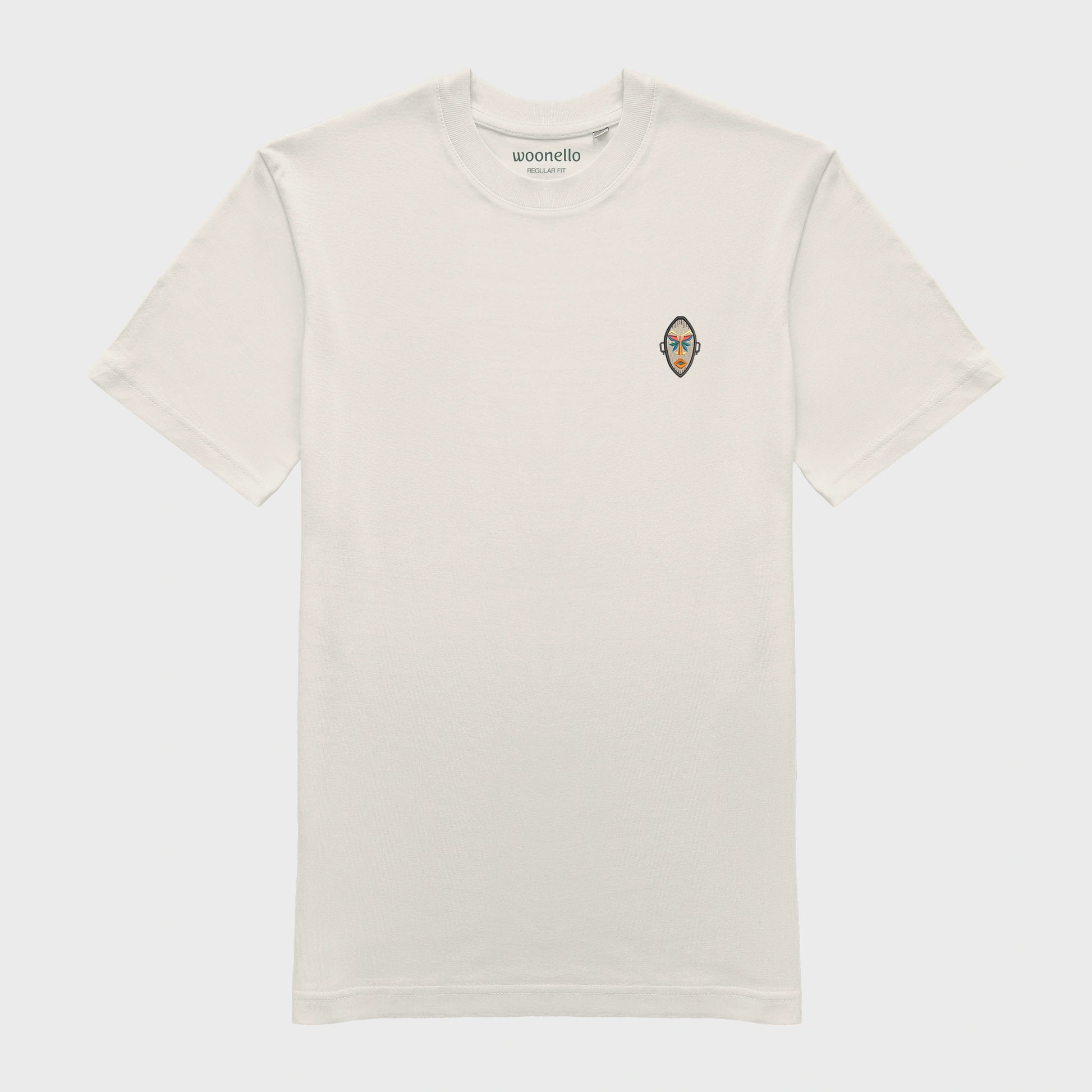 Unisex-T-Shirt cremeweiß mit bestickter Brustpartie, afrikanischer Maske mit symmetrischen Gesichtszügen und geometrischen Formen